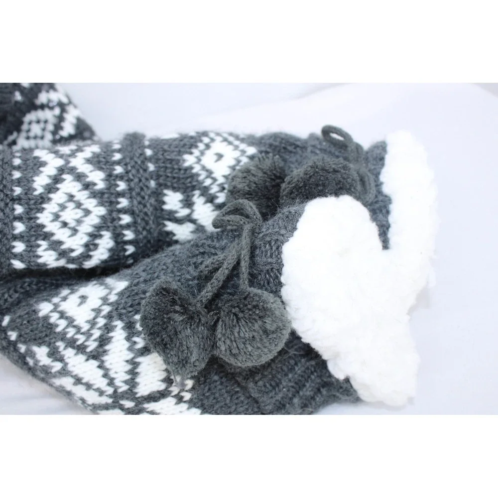 Joy Slipper Socks with Grippers Charcoal Fair Isle Snowflake Pom Pom NWT 4-10